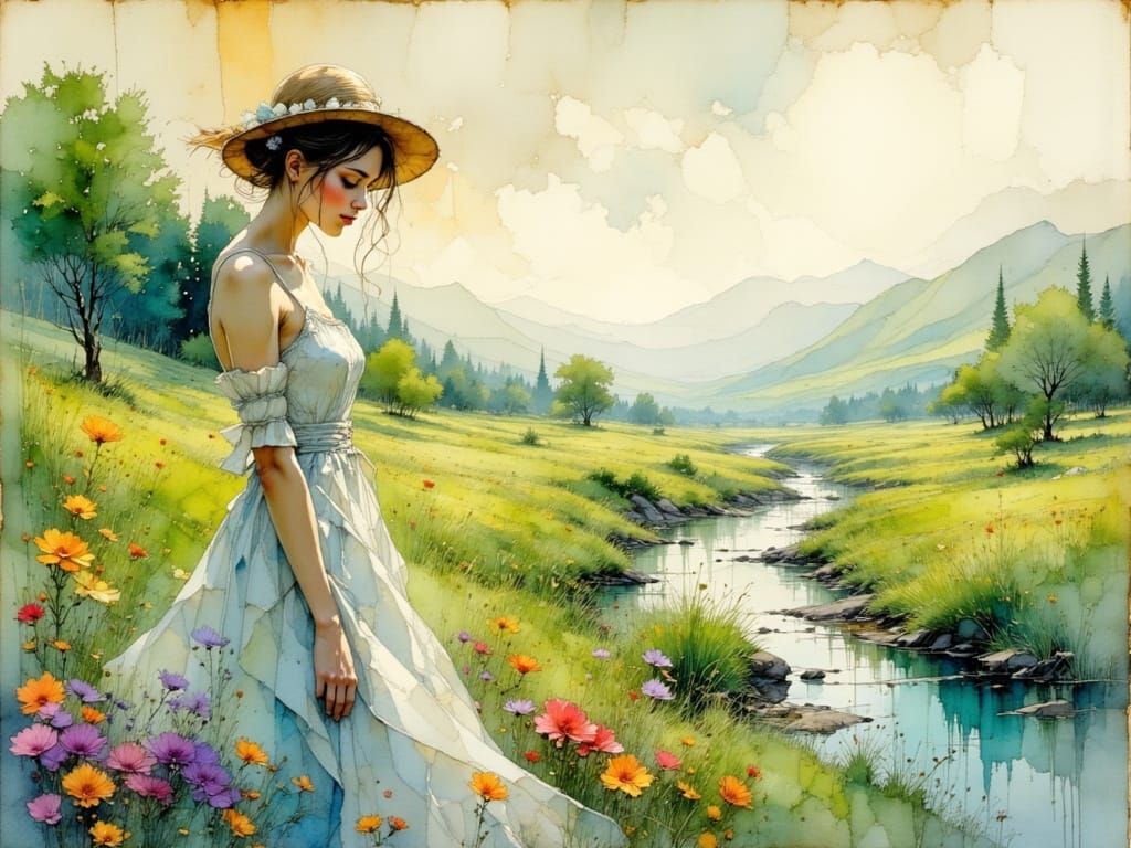 Elegant Woman in Watercolor Landscape with Ink Accents