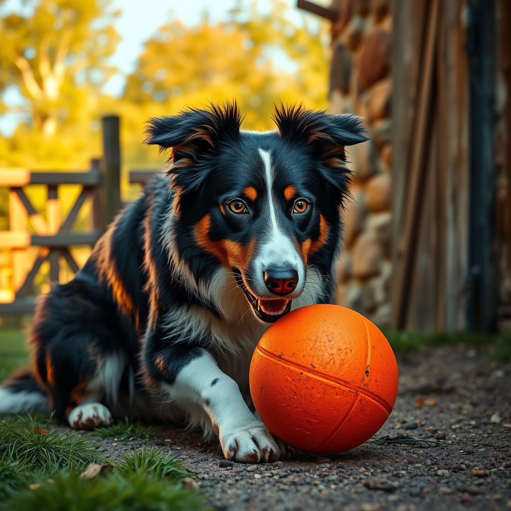 Border Collie with Ball in Farmyard, Digital Art