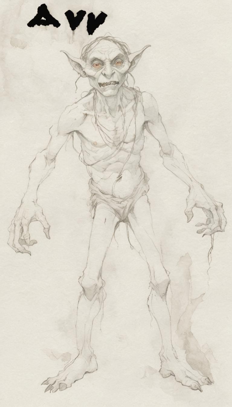 Scrawny Goblin in Dark Cave: Watercolor Illustration