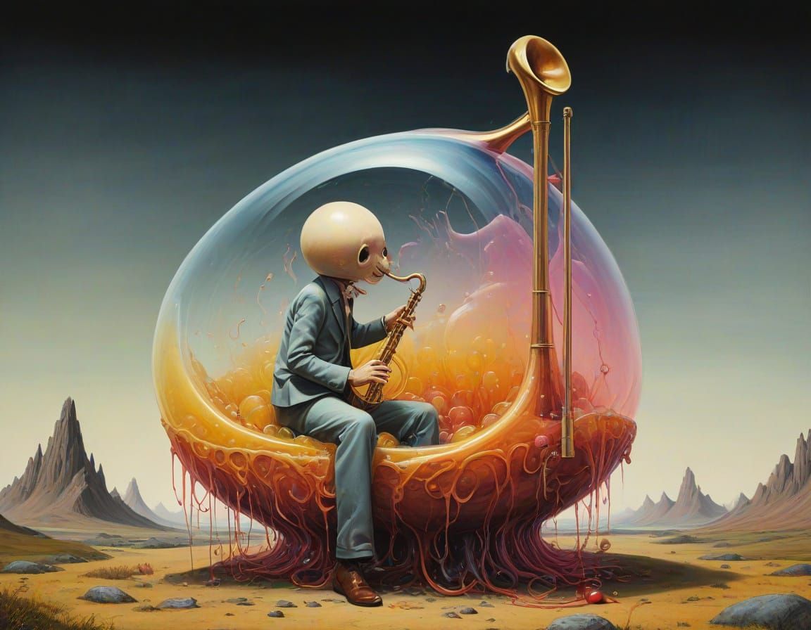 Surreal Jelly Blob Trombonist: An Impasto Oil Painting
