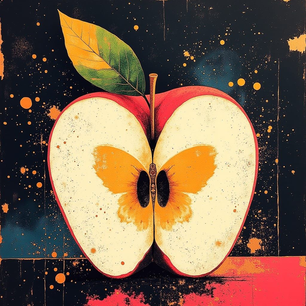 Vibrant Apple with Swirling Orange Butterfly and Neon Accent...