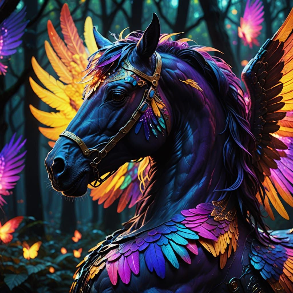 Vibrant Winged Horse in Neon Forest