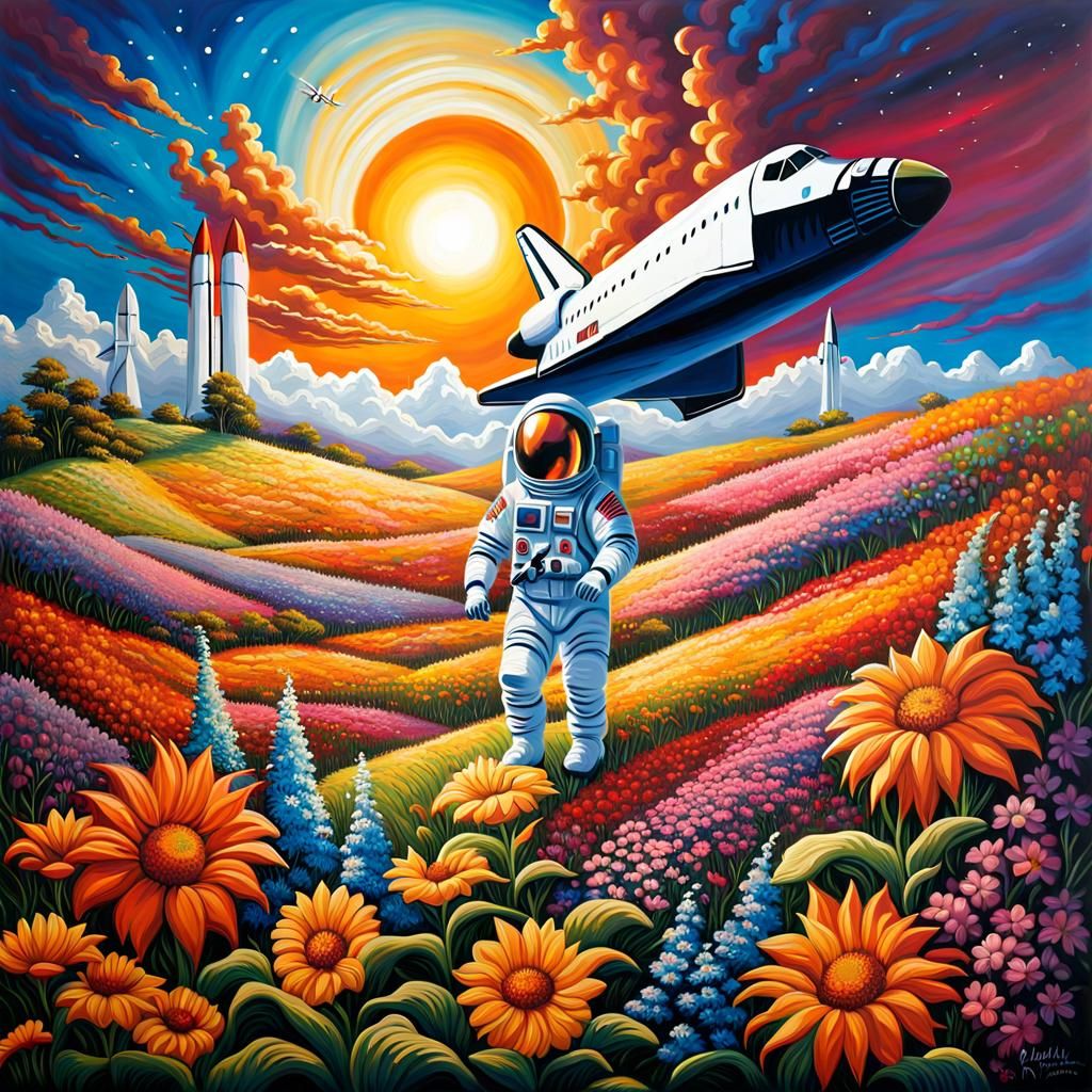 Fantasy Flower Field with Space Shuttle Pot
