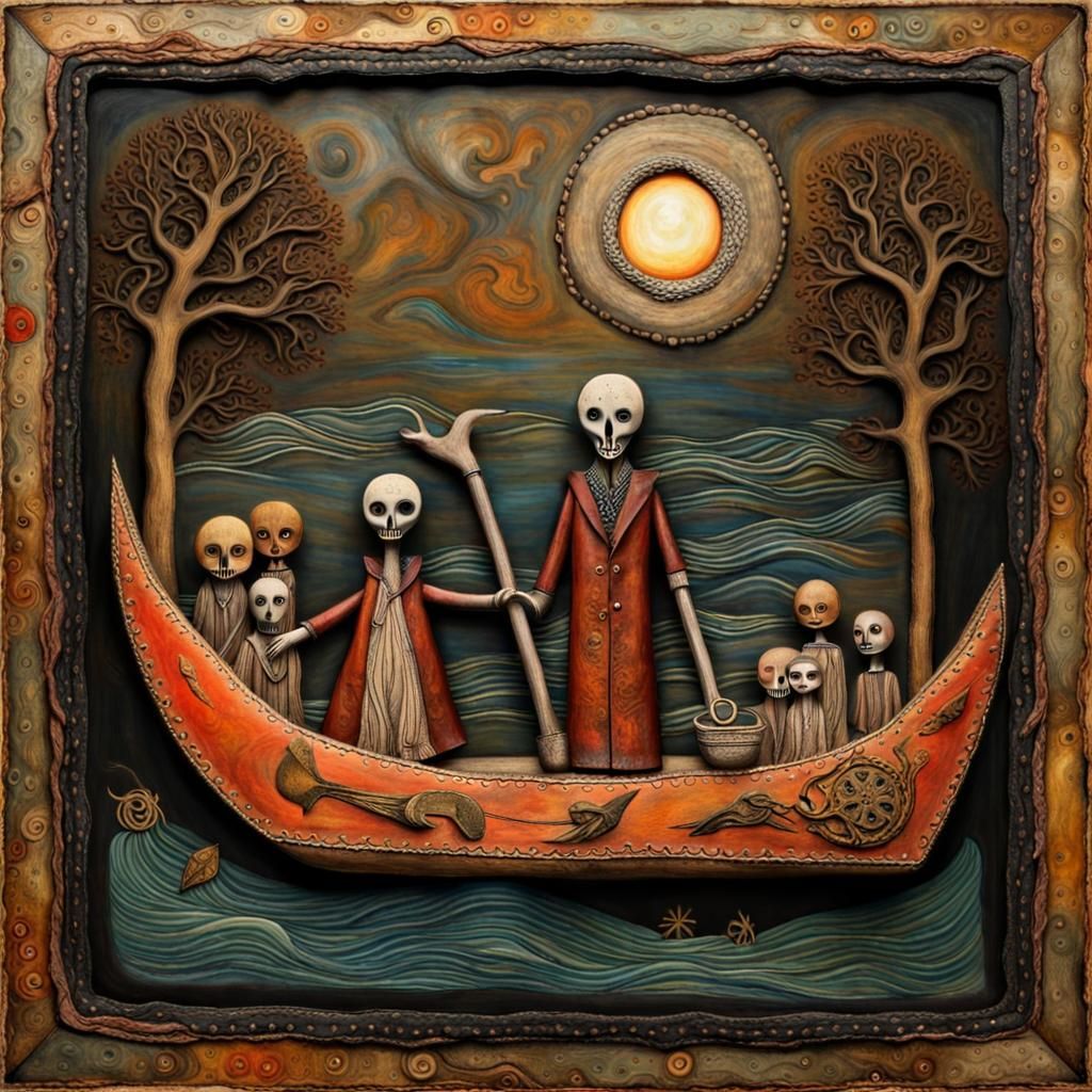 Charon Ferries a Soul to the Underworld in Mixed Media