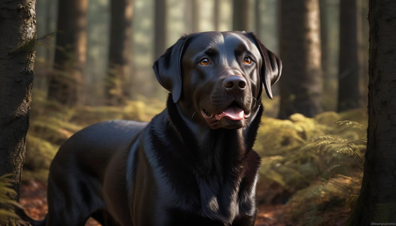 Hyperrealistic Black Labrador Retriever in Enchanting Forest