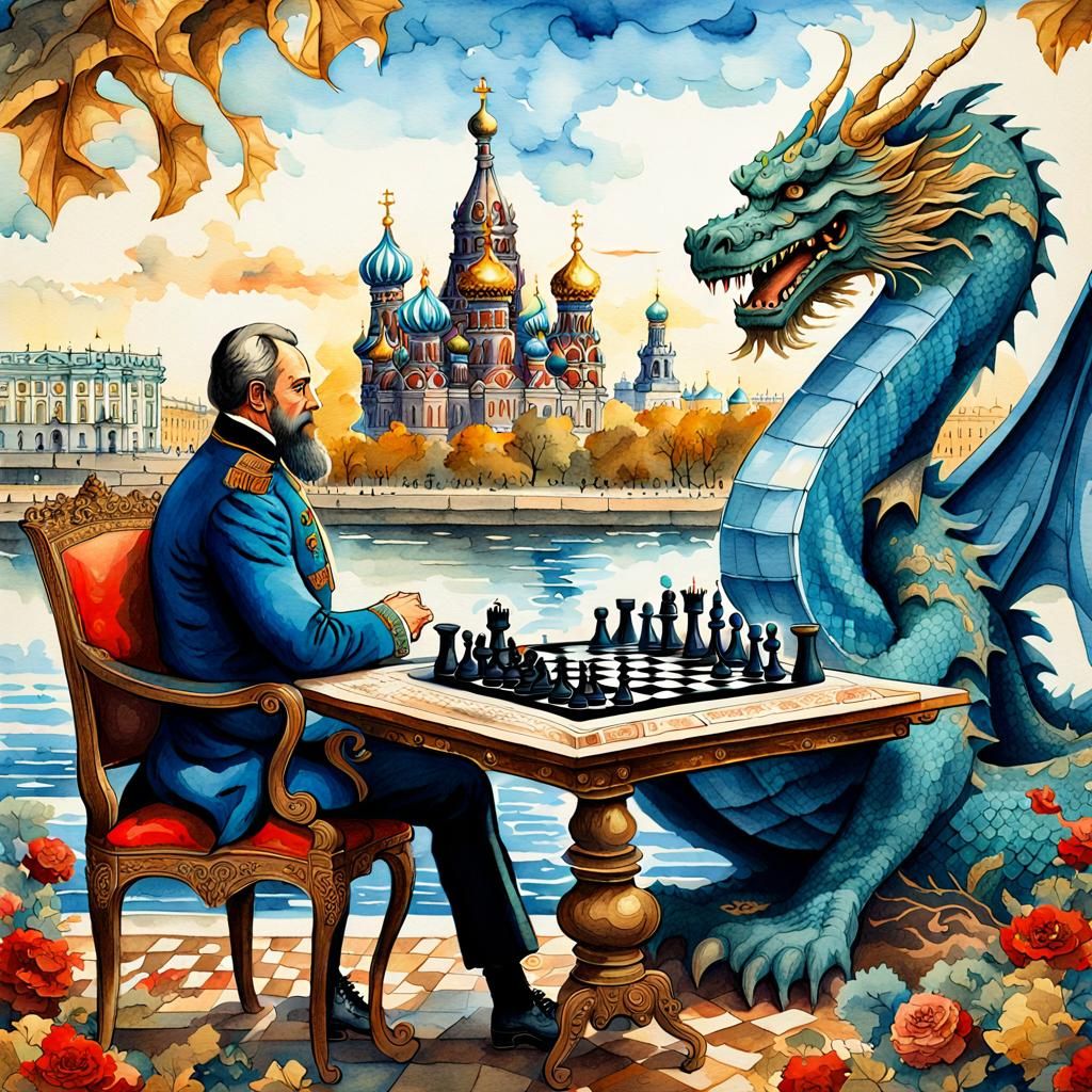 Czar and Dragon Chess Game: Watercolor Illustration