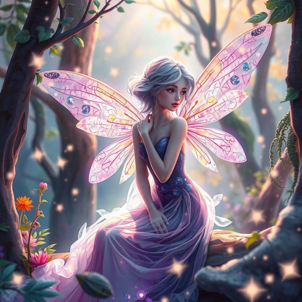 Amethyst fairy sitting in a magical forest