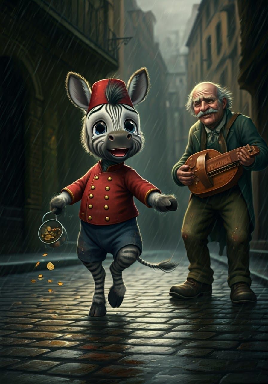 Whimsical Zebra Boy Dances in the Rain, Inspired by Impressi...