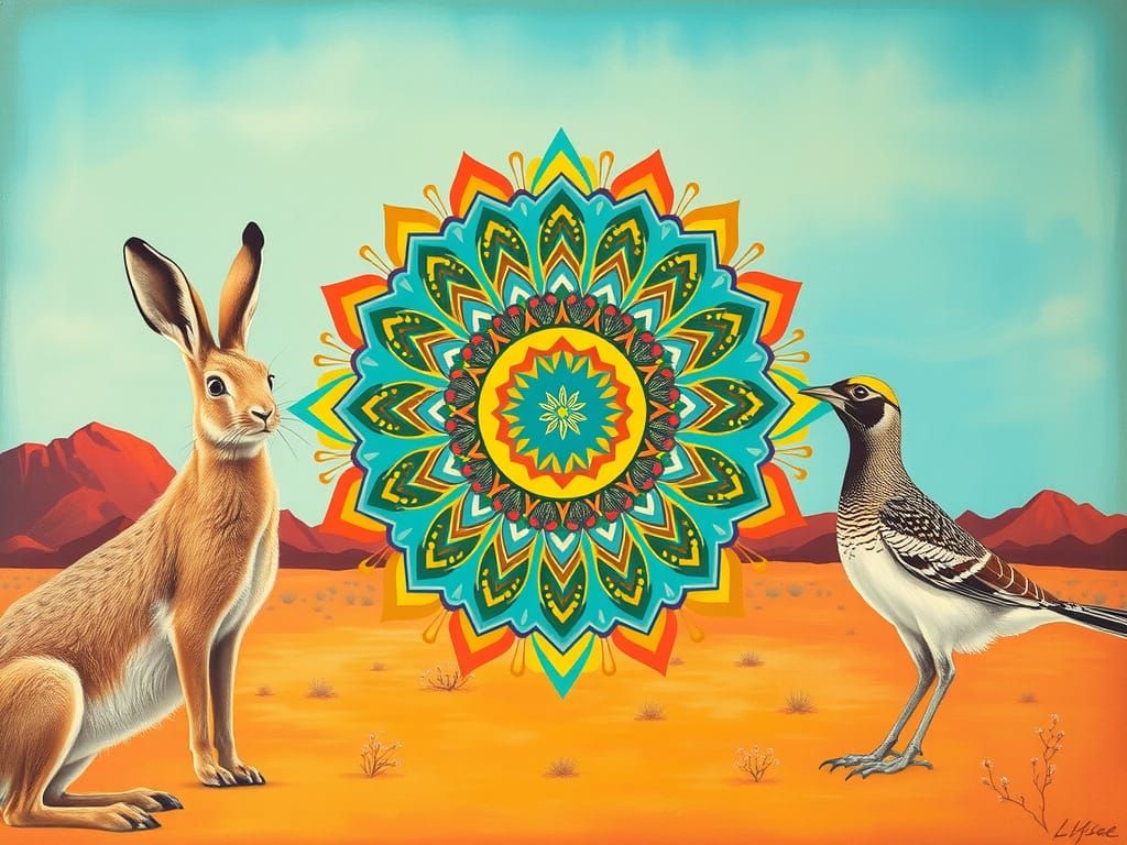 Southwestern Mandala with Desert Hare and Roadrunner