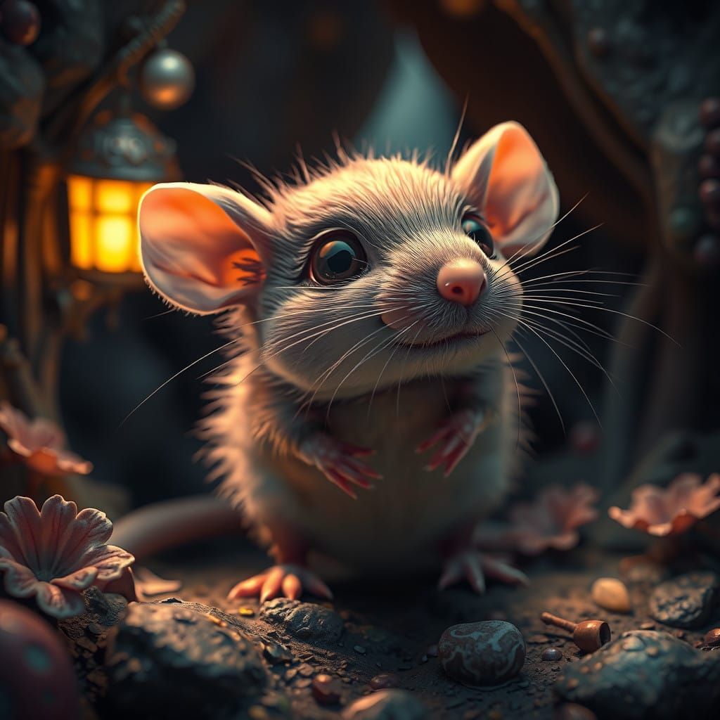 Enchanted Baby Rat in Whimsical Fantasy Realm