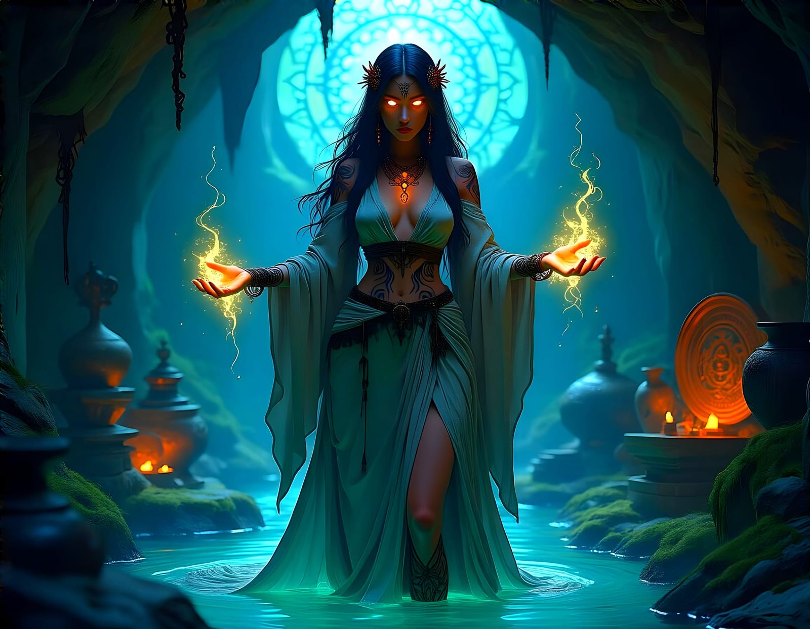 Sorceress in Bioluminescent Grotto, Art Nouveau Style