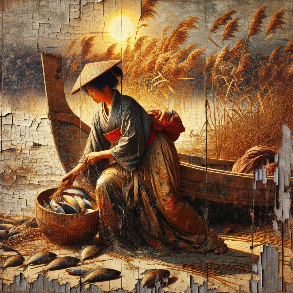 Japanese Fisherwoman in Ancient Tapestry Style
