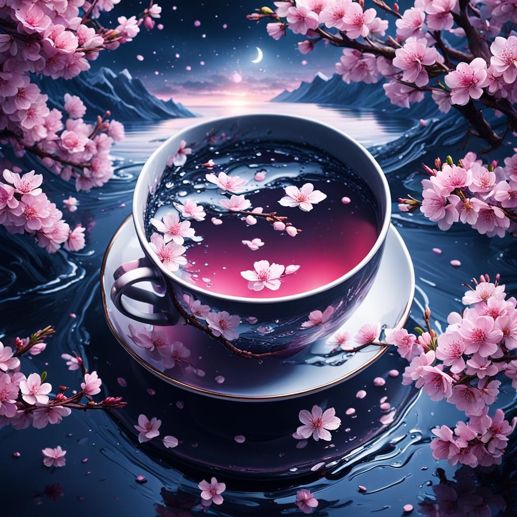 Cherry Blossom Water at Midnight: Digital Painting