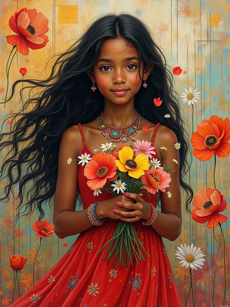 Woman with Flowers in Modernist Style