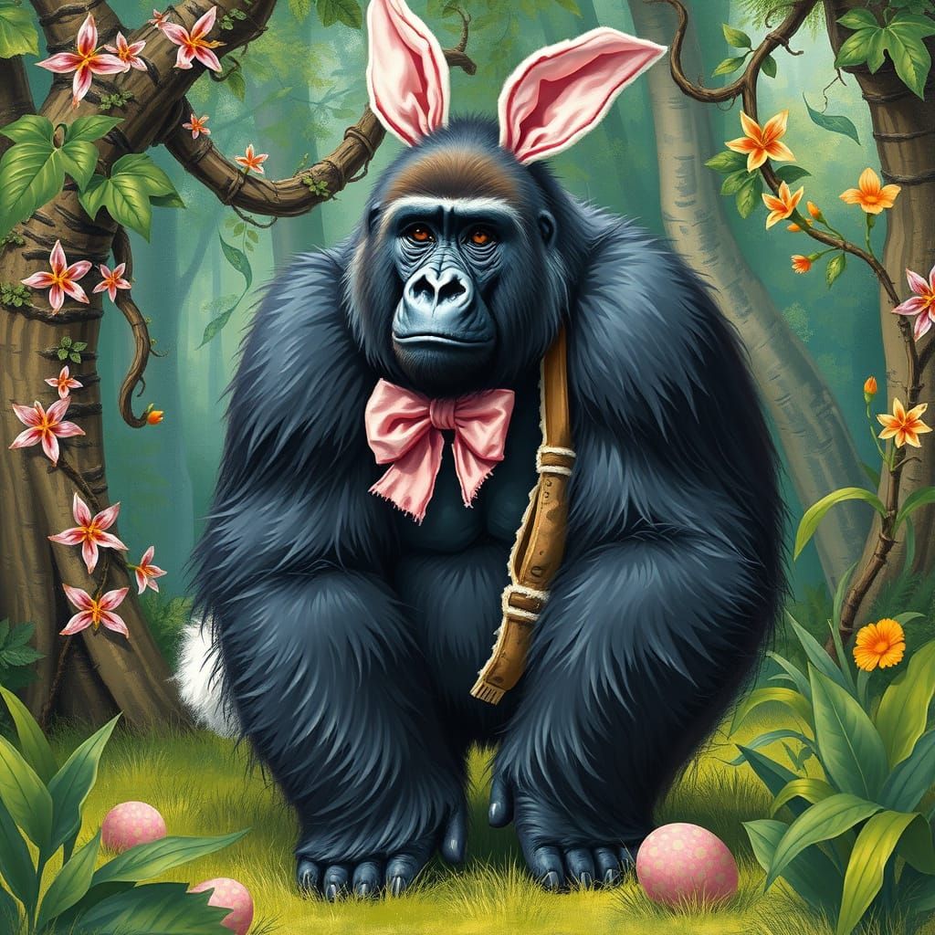 Gorilla in Whimsical Easter Bunny Costume, Jungle Scene