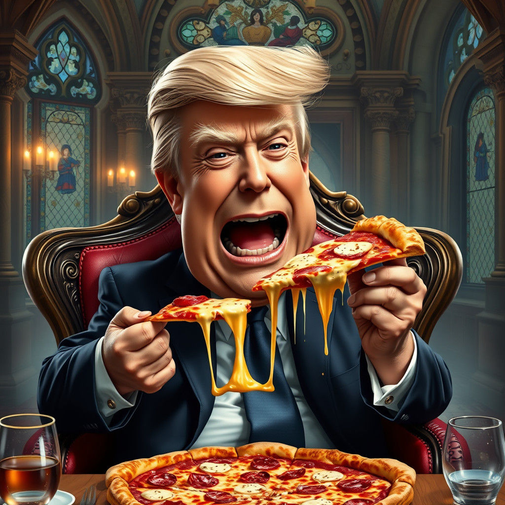 Trump Caricature Devouring Pizza in Fantasy Dining Hall