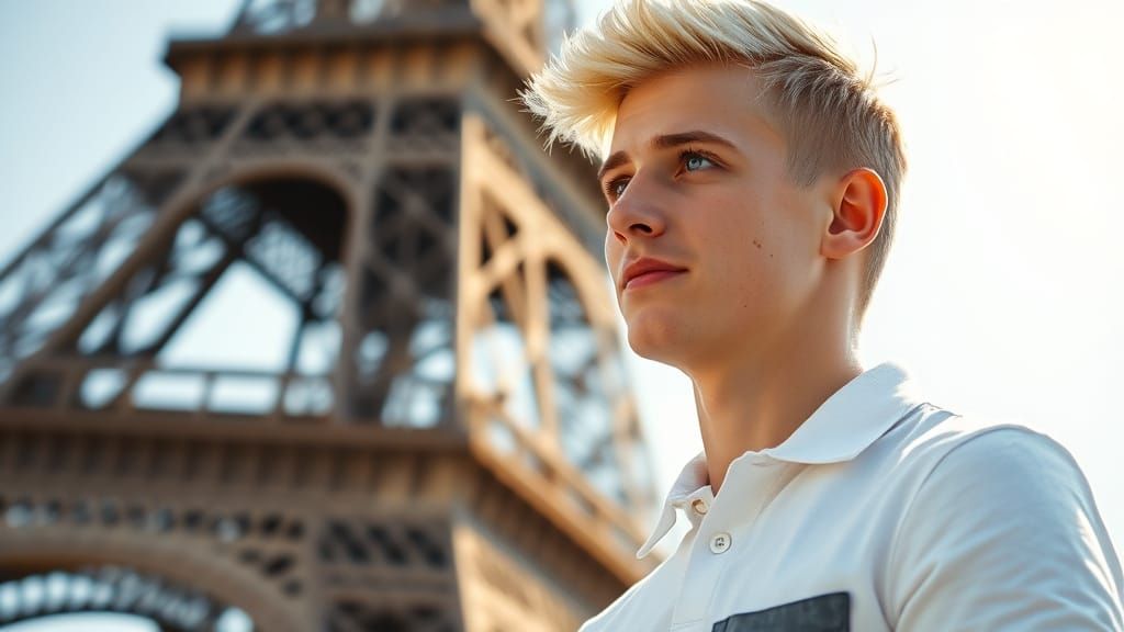 Handsome Young Man Captivated by the Eiffel Tower in Cinemat...