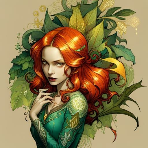 Detailed Poison Ivy with Golden Outlines