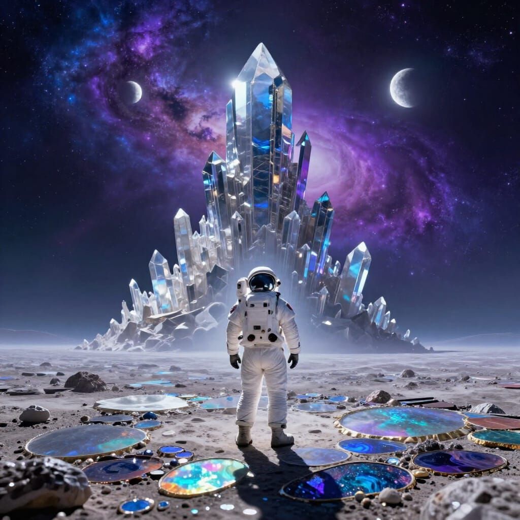 Astronaut Gazes at Crystalline Structure on Alien Planet