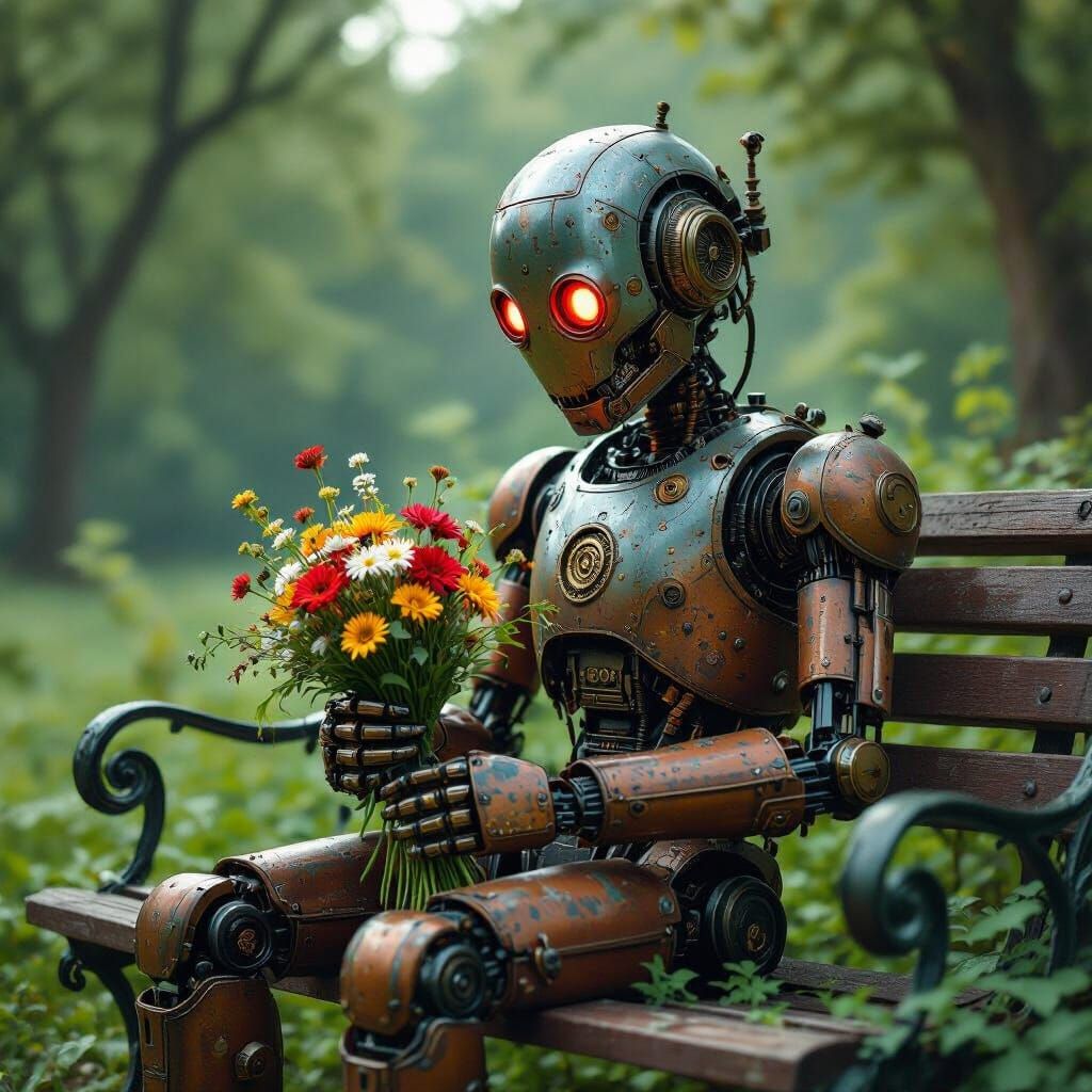Steampunk Robot with Flowers as Digital Art