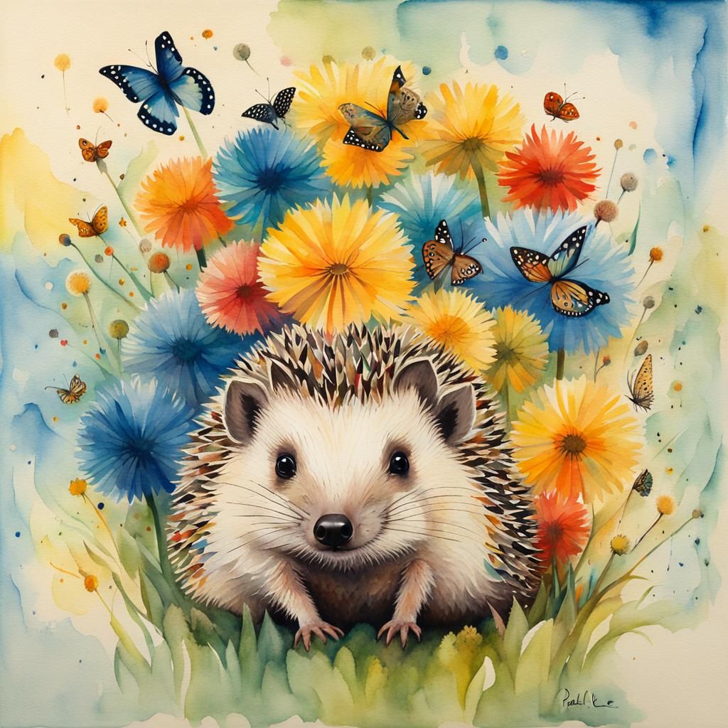 Hedgehog in a dandelion field
