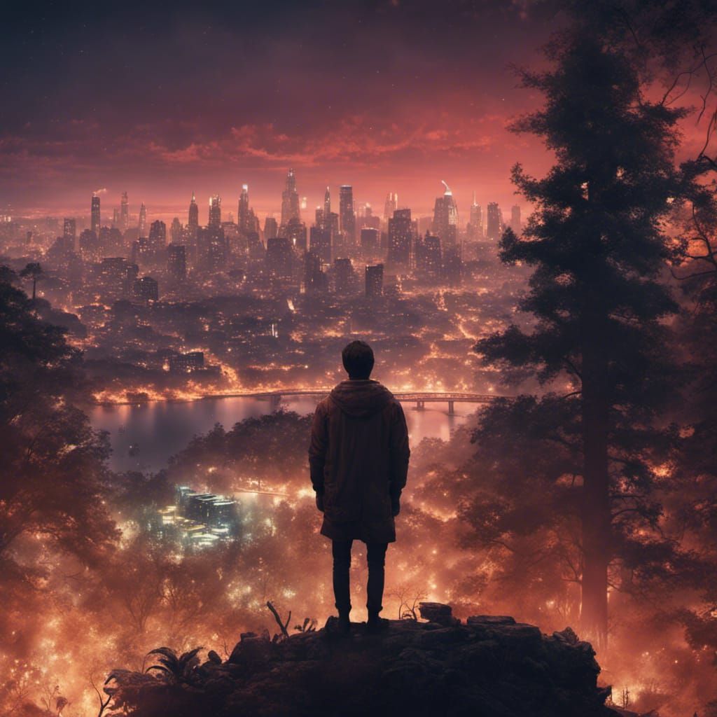 Person Gazing at City Lights: Detailed Matte Painting