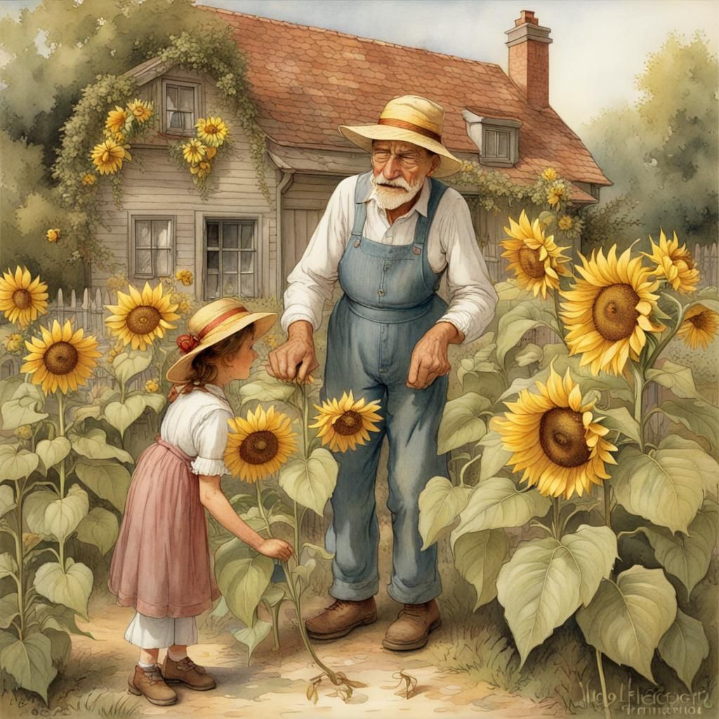 Happy Gardener and Grandchildren with Sunflowers