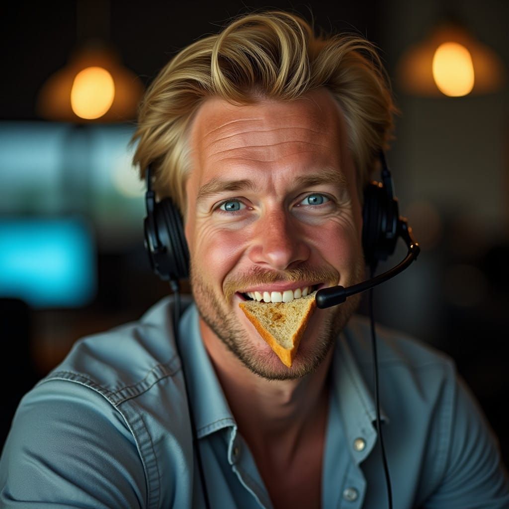 Close-Up Portrait of a Smiling Man with a Slice of Bread in ...