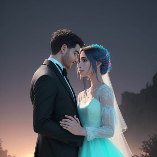 Romantic Couple Embrace in Sunny Landscape, Photorealistic