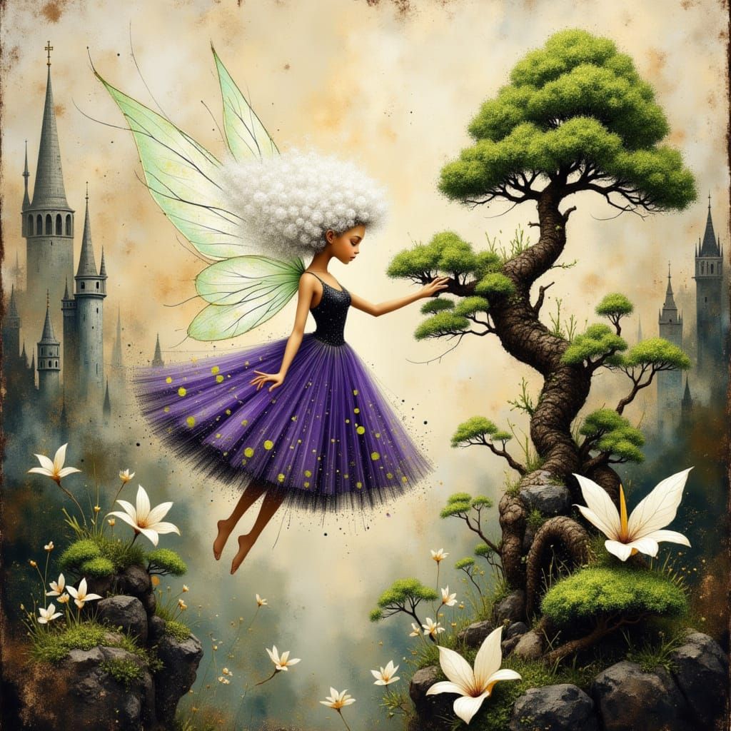 Whimsical Fairy Flying Above Bonsai Trees