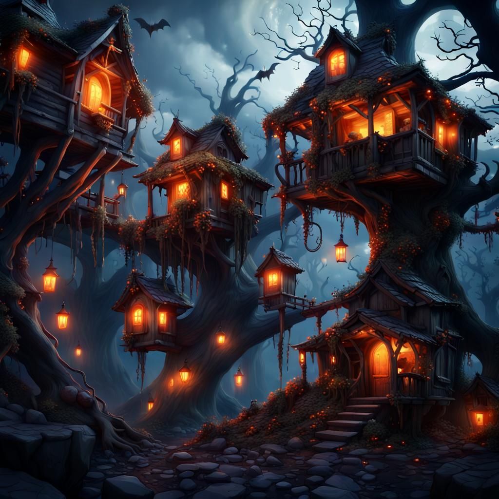 Creepy Treehouse Village with Bats and Glowing Eyes