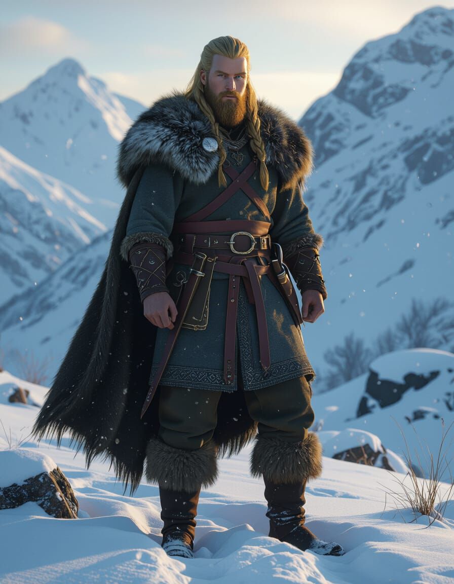 Heroic Scandinavian Man in Snowy Mountains