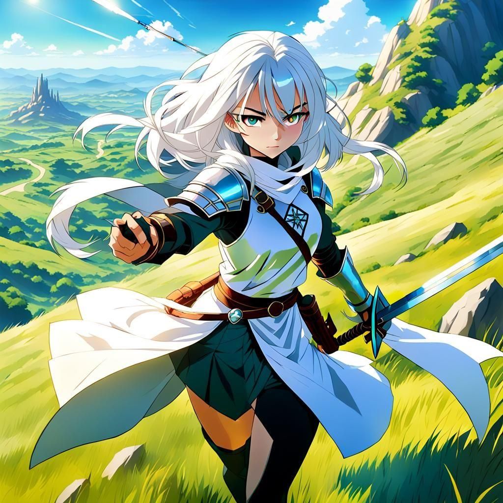 Anime Adventurer with Sword on Sunny Hillside