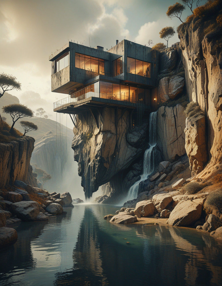 Surreal Cliffside Oasis in Golden Haze