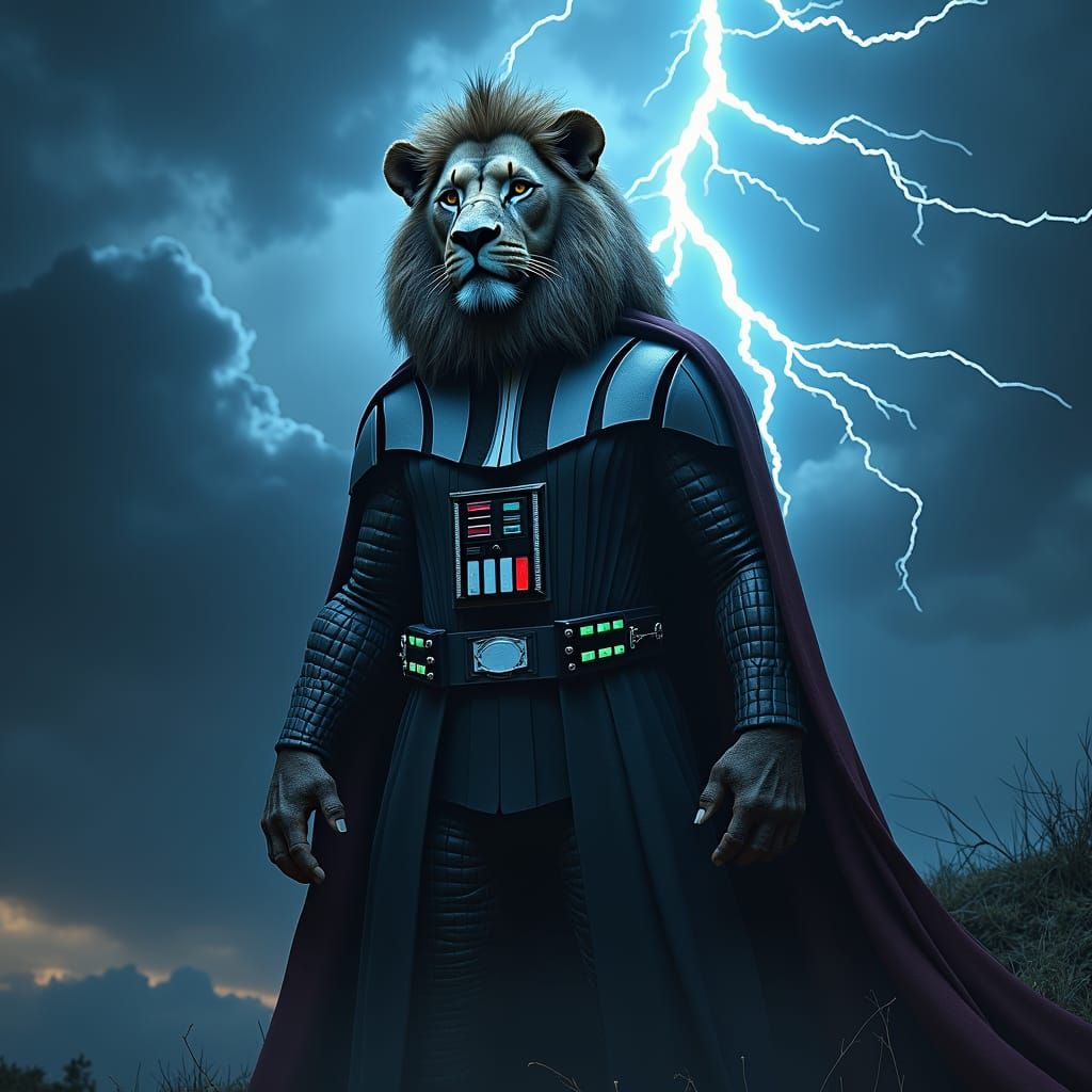Lion in Darth Vader Suit with Stormy Sky