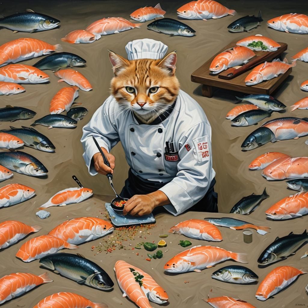 Sand Cat Sushi Chef in Oil Painting Style