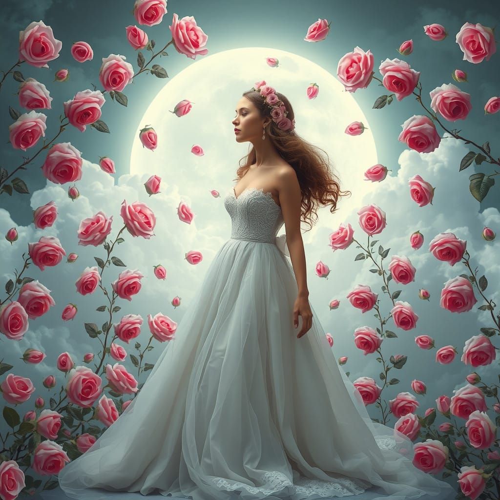 Ethereal Woman Among Floating Rose Blooms in Dreamlike Lands...