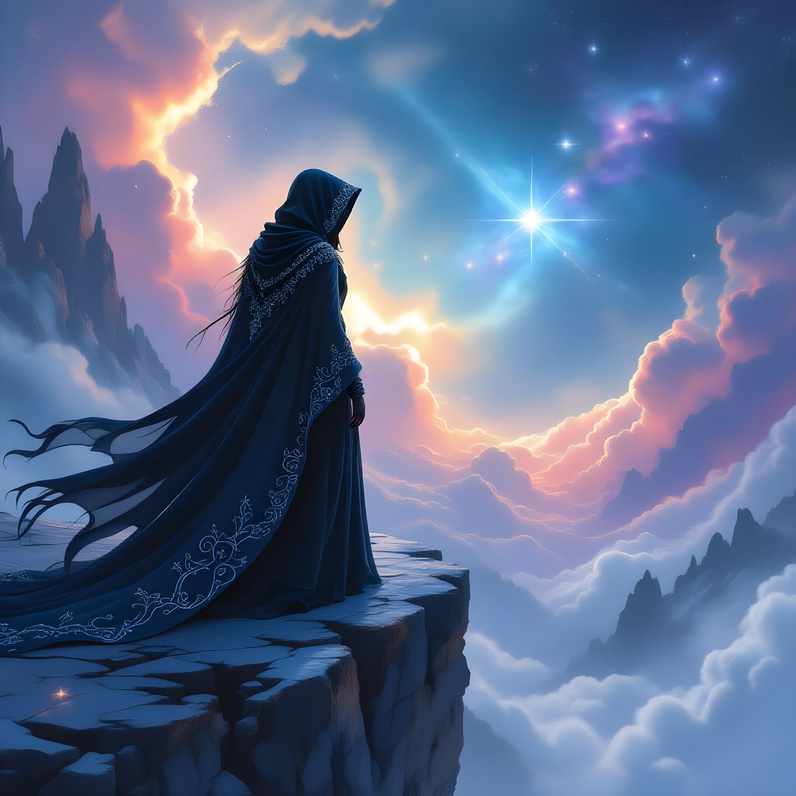 Witch on Crystalline Precipice Overlooking Nebula
