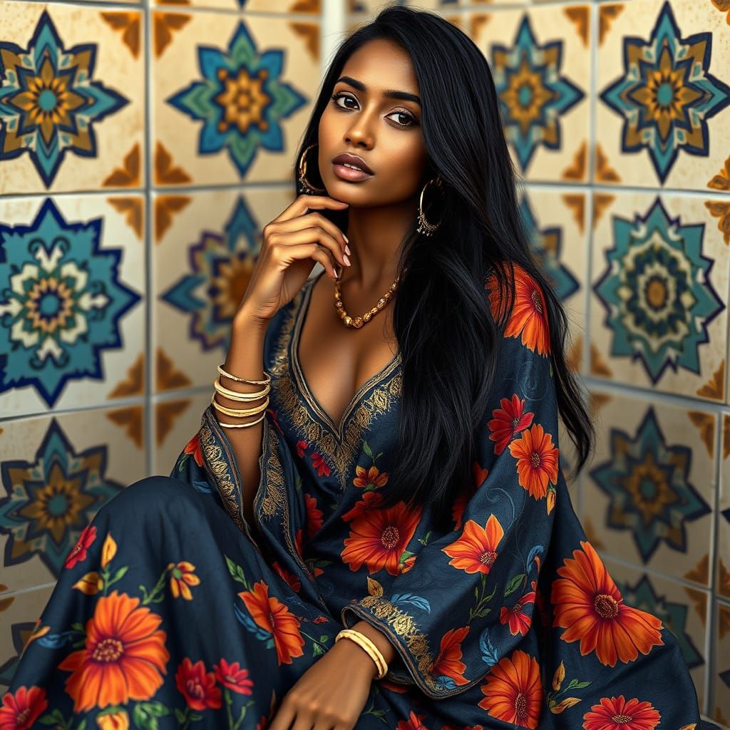 Elegant Punjab Woman in Flowing Kaftan Dress