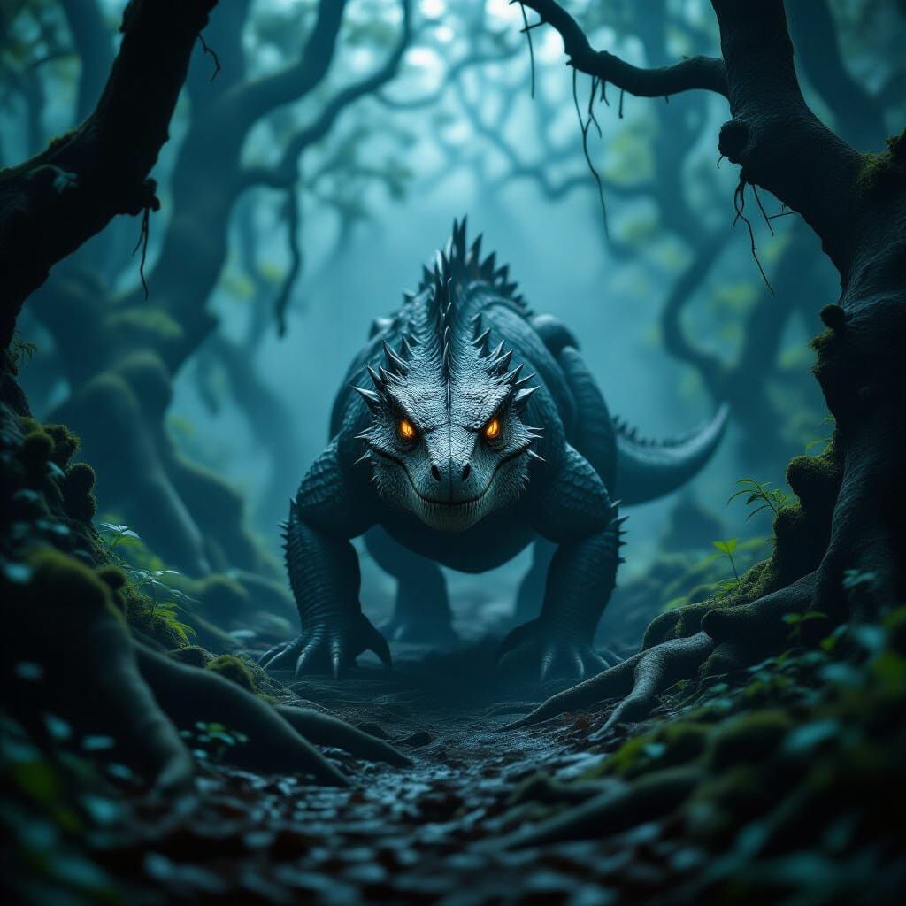 Gorgonopsid Stalks Misty Ancient Forest in Surreal Style