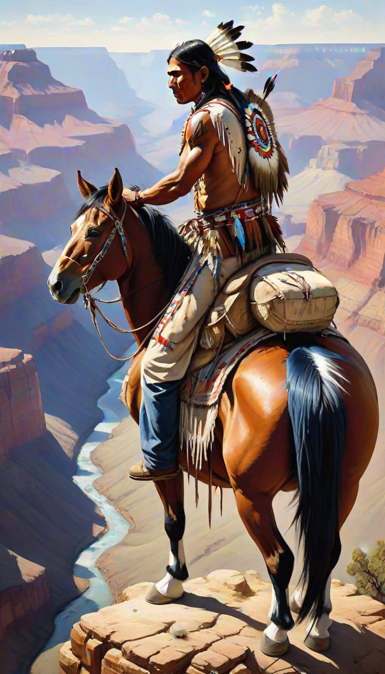 American Indian Warrior on Painted Pony in Grand Canyon Land...