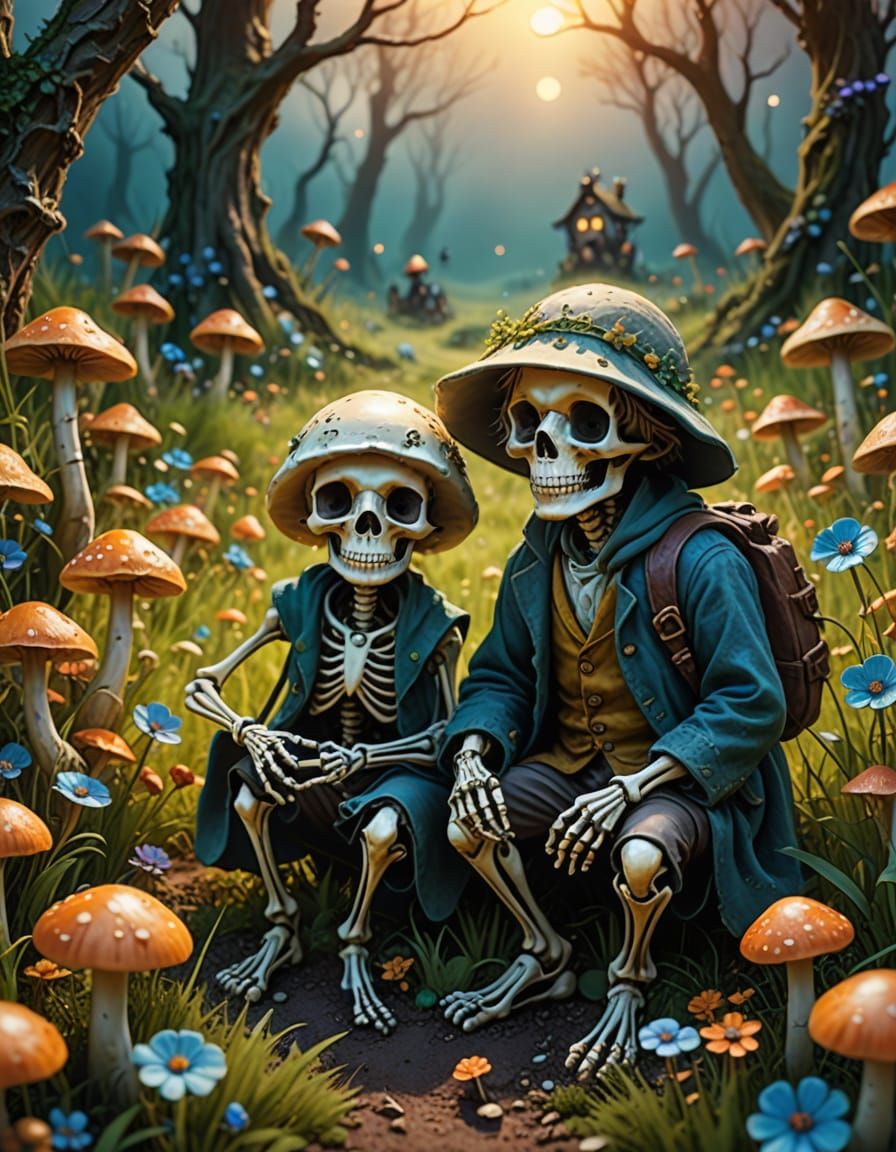 Hobbit and Skeleton on Magical Glowing Meadow