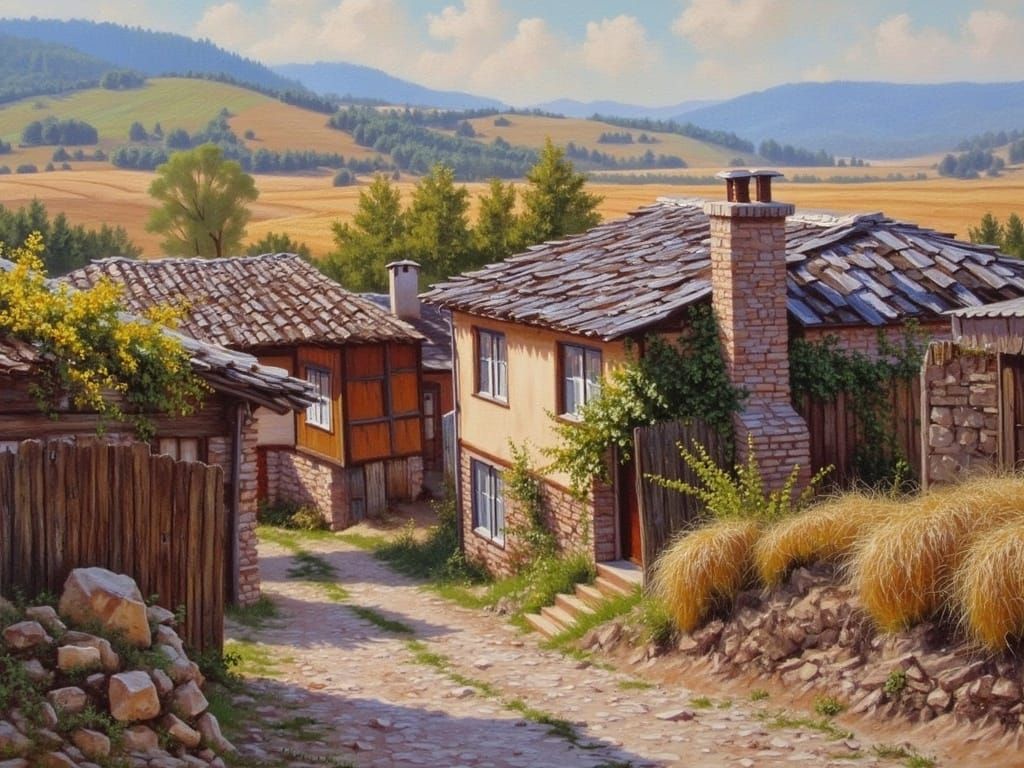 Idyllic Rural Village Landscape in Impressionist Style