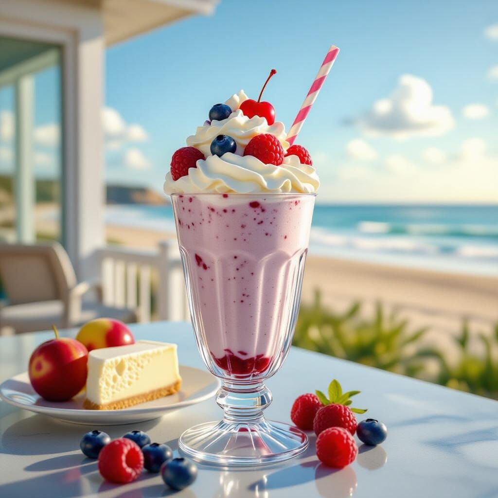 Fruity Cheesecake Milkshake in Crystal Glass at Golden Hour