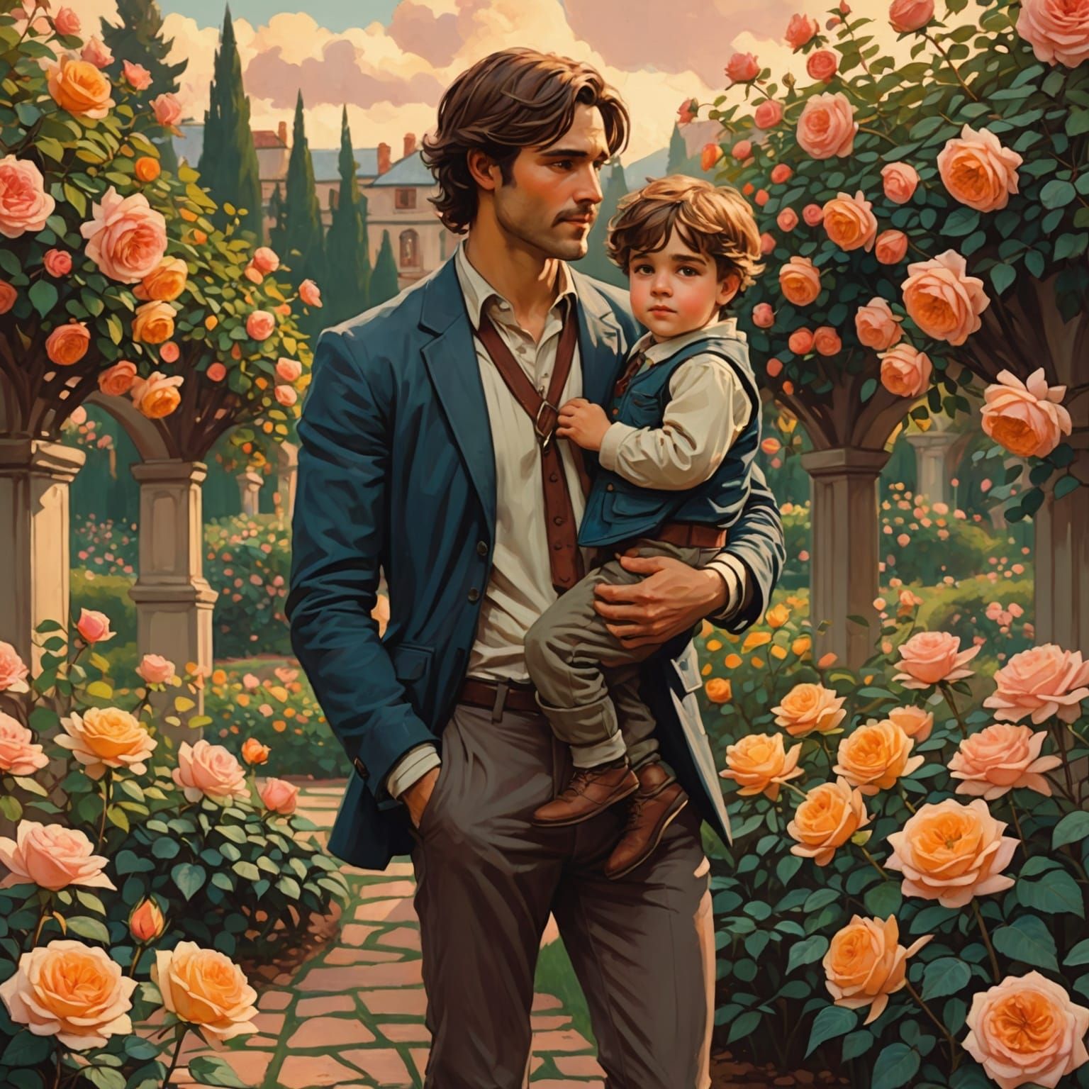 Father and Son in Rose Garden, Anime Style