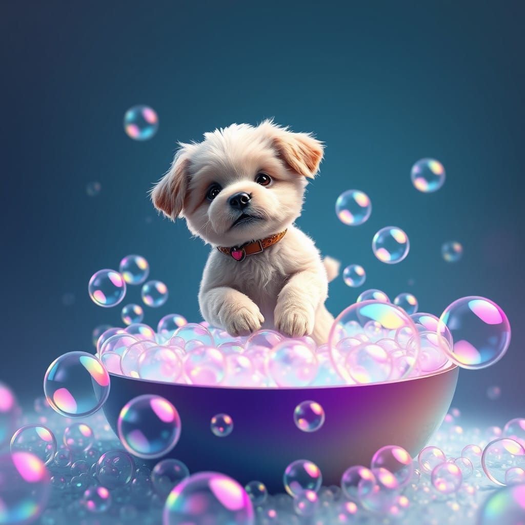 Whimsical Puppy Leaps into Colorful Bubbles