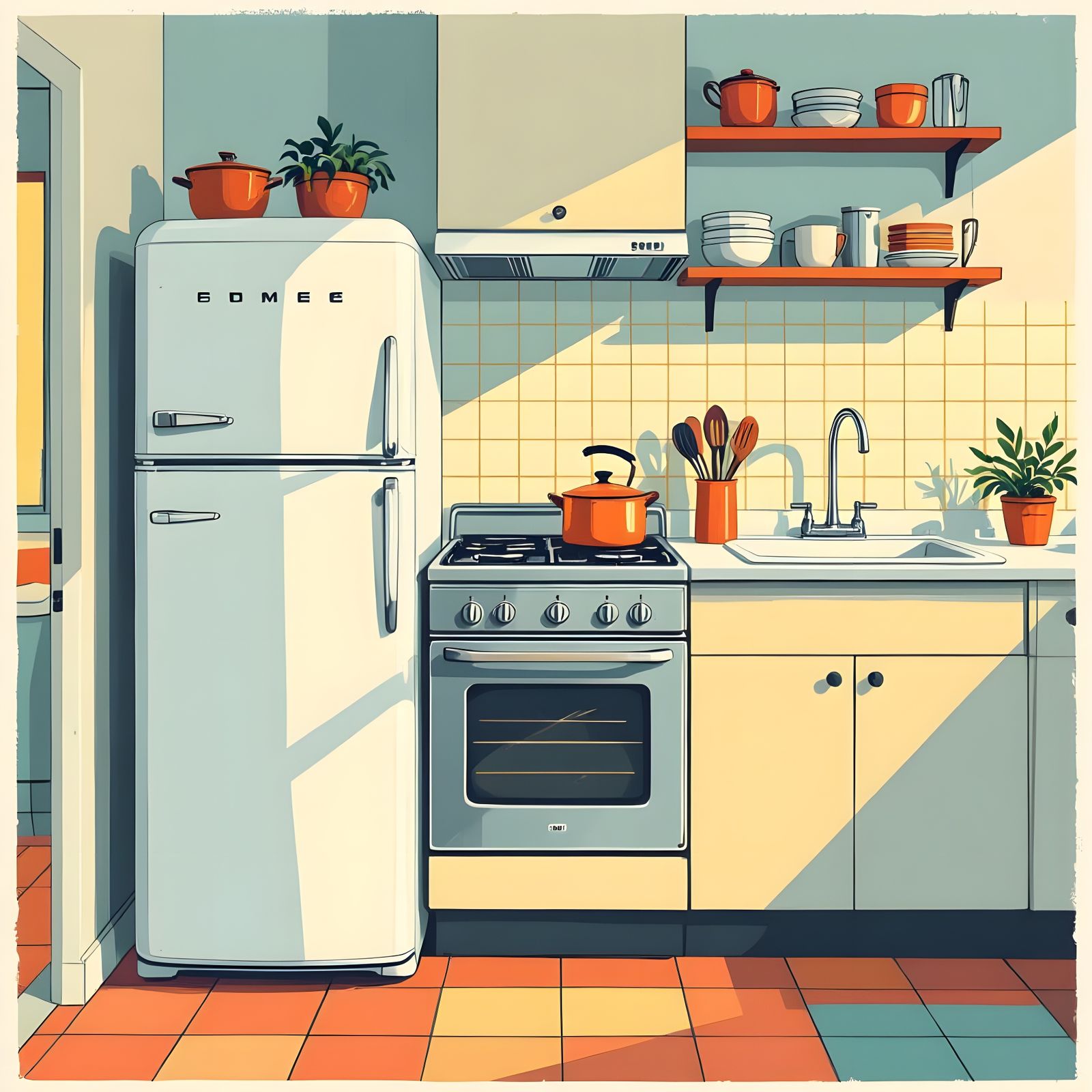 Cozy Kitchen with Fridge, Cooker, and Sink in Pastel Palette