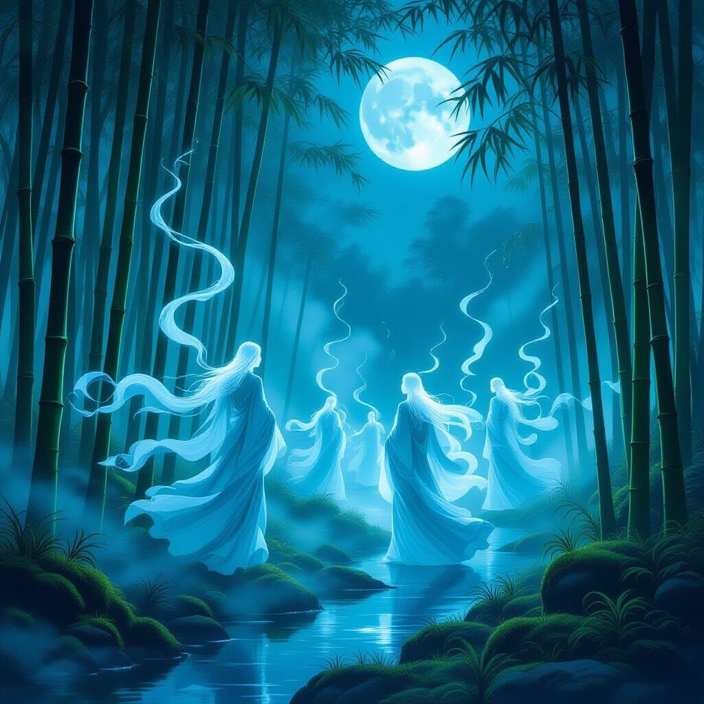Ethereal Chinese Forest Spirits in Mystical Moonlight