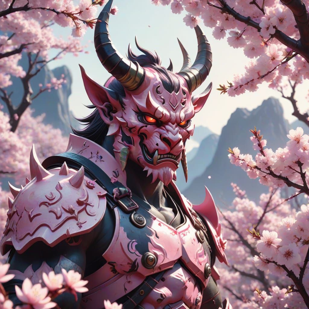 Fierce Oni Among Cherry Blossoms in Anime Style