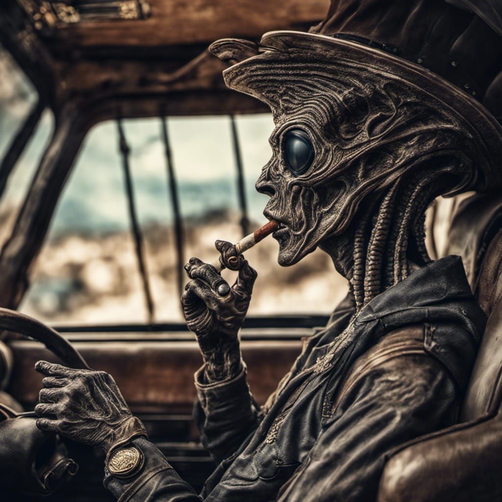Hyperrealistic Alien Trucker Smoking a Cigar